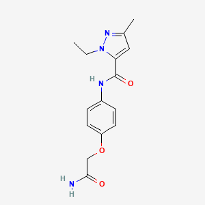 molecular formula C15H18N4O3 B7330502 N-[4-(2-amino-2-oxoethoxy)phenyl]-2-ethyl-5-methylpyrazole-3-carboxamide 