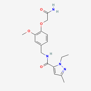 molecular formula C17H22N4O4 B7330621 N-[[4-(2-amino-2-oxoethoxy)-3-methoxyphenyl]methyl]-2-ethyl-5-methylpyrazole-3-carboxamide 