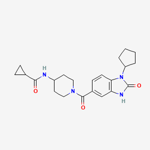 molecular formula C22H28N4O3 B7330636 N-[1-(1-cyclopentyl-2-oxo-3H-benzimidazole-5-carbonyl)piperidin-4-yl]cyclopropanecarboxamide 