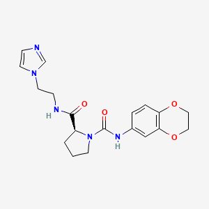 molecular formula C19H23N5O4 B7331081 (2S)-1-N-(2,3-dihydro-1,4-benzodioxin-6-yl)-2-N-(2-imidazol-1-ylethyl)pyrrolidine-1,2-dicarboxamide 