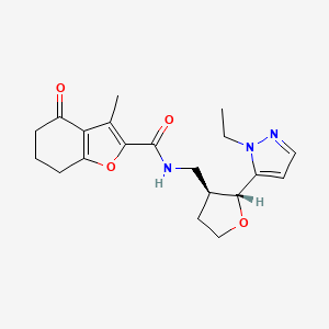 molecular formula C20H25N3O4 B7333017 N-[[(2R,3S)-2-(2-ethylpyrazol-3-yl)oxolan-3-yl]methyl]-3-methyl-4-oxo-6,7-dihydro-5H-1-benzofuran-2-carboxamide 