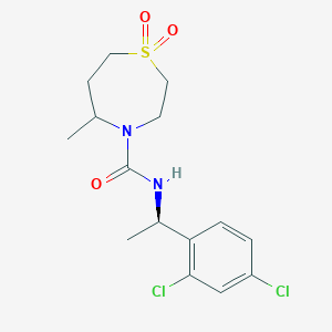 molecular formula C15H20Cl2N2O3S B7333685 N-[(1R)-1-(2,4-dichlorophenyl)ethyl]-5-methyl-1,1-dioxo-1,4-thiazepane-4-carboxamide 