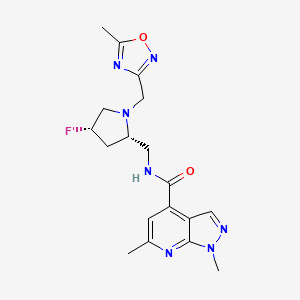 molecular formula C18H22FN7O2 B7334061 N-[[(2S,4S)-4-fluoro-1-[(5-methyl-1,2,4-oxadiazol-3-yl)methyl]pyrrolidin-2-yl]methyl]-1,6-dimethylpyrazolo[3,4-b]pyridine-4-carboxamide 