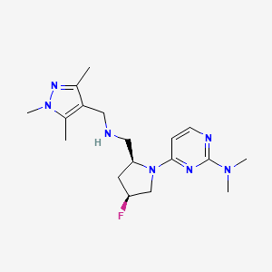 molecular formula C18H28FN7 B7334123 4-[(2S,4S)-4-fluoro-2-[[(1,3,5-trimethylpyrazol-4-yl)methylamino]methyl]pyrrolidin-1-yl]-N,N-dimethylpyrimidin-2-amine 