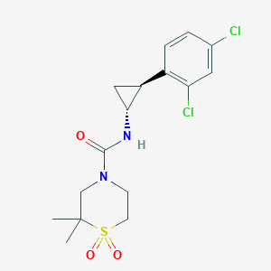 molecular formula C16H20Cl2N2O3S B7334642 N-[(1R,2S)-2-(2,4-dichlorophenyl)cyclopropyl]-2,2-dimethyl-1,1-dioxo-1,4-thiazinane-4-carboxamide 