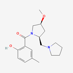 molecular formula C18H26N2O3 B7335614 (2-hydroxy-5-methylphenyl)-[(2S,4S)-4-methoxy-2-(pyrrolidin-1-ylmethyl)pyrrolidin-1-yl]methanone 