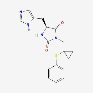 molecular formula C17H18N4O2S B7335843 (5S)-5-(1H-imidazol-5-ylmethyl)-3-[(1-phenylsulfanylcyclopropyl)methyl]imidazolidine-2,4-dione 