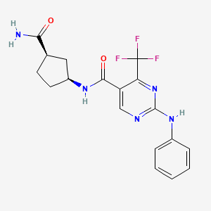 molecular formula C18H18F3N5O2 B7338944 2-anilino-N-[(1S,3R)-3-carbamoylcyclopentyl]-4-(trifluoromethyl)pyrimidine-5-carboxamide 