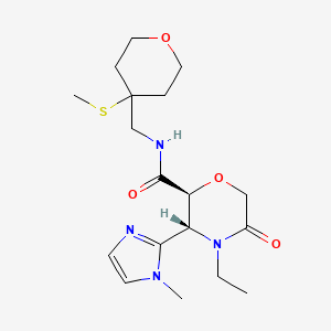 molecular formula C18H28N4O4S B7342284 (2S,3R)-4-ethyl-3-(1-methylimidazol-2-yl)-N-[(4-methylsulfanyloxan-4-yl)methyl]-5-oxomorpholine-2-carboxamide 