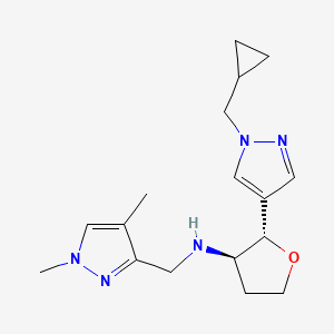 molecular formula C17H25N5O B7345932 (2S,3R)-2-[1-(cyclopropylmethyl)pyrazol-4-yl]-N-[(1,4-dimethylpyrazol-3-yl)methyl]oxolan-3-amine 