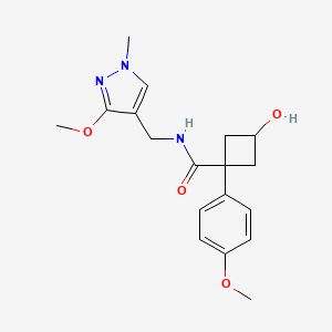 molecular formula C18H23N3O4 B7351385 3-hydroxy-N-[(3-methoxy-1-methylpyrazol-4-yl)methyl]-1-(4-methoxyphenyl)cyclobutane-1-carboxamide 