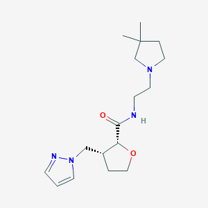 molecular formula C17H28N4O2 B7351396 (2R,3R)-N-[2-(3,3-dimethylpyrrolidin-1-yl)ethyl]-3-(pyrazol-1-ylmethyl)oxolane-2-carboxamide 