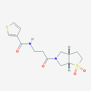 molecular formula C14H18N2O4S2 B7351612 N-[3-[(3aS,6aS)-1,1-dioxo-2,3,3a,4,6,6a-hexahydrothieno[2,3-c]pyrrol-5-yl]-3-oxopropyl]thiophene-3-carboxamide 