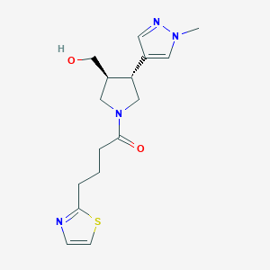 molecular formula C16H22N4O2S B7351881 1-[(3S,4R)-3-(hydroxymethyl)-4-(1-methylpyrazol-4-yl)pyrrolidin-1-yl]-4-(1,3-thiazol-2-yl)butan-1-one 