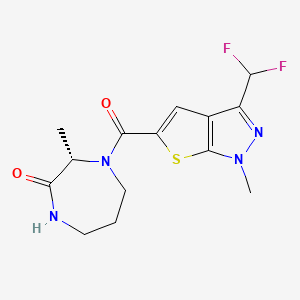 molecular formula C14H16F2N4O2S B7352404 (3S)-4-[3-(difluoromethyl)-1-methylthieno[2,3-c]pyrazole-5-carbonyl]-3-methyl-1,4-diazepan-2-one 