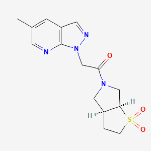 molecular formula C15H18N4O3S B7352894 1-[(3aS,6aS)-1,1-dioxo-2,3,3a,4,6,6a-hexahydrothieno[2,3-c]pyrrol-5-yl]-2-(5-methylpyrazolo[3,4-b]pyridin-1-yl)ethanone 