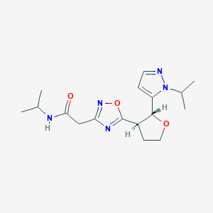 molecular formula C17H25N5O3 B7353381 N-propan-2-yl-2-[5-[(2R,3R)-2-(2-propan-2-ylpyrazol-3-yl)oxolan-3-yl]-1,2,4-oxadiazol-3-yl]acetamide 