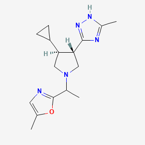 molecular formula C16H23N5O B7354623 2-[1-[(3S,4S)-3-cyclopropyl-4-(5-methyl-1H-1,2,4-triazol-3-yl)pyrrolidin-1-yl]ethyl]-5-methyl-1,3-oxazole 