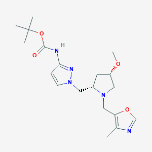 molecular formula C19H29N5O4 B7355049 tert-butyl N-[1-[[(2S,4S)-4-methoxy-1-[(4-methyl-1,3-oxazol-5-yl)methyl]pyrrolidin-2-yl]methyl]pyrazol-3-yl]carbamate 