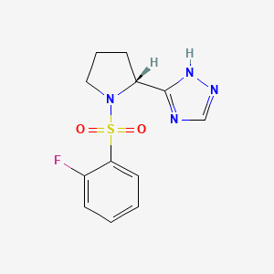 molecular formula C12H13FN4O2S B7355624 5-[(2R)-1-(2-fluorophenyl)sulfonylpyrrolidin-2-yl]-1H-1,2,4-triazole 