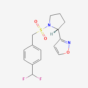 molecular formula C15H16F2N2O3S B7355642 3-[(2R)-1-[[4-(difluoromethyl)phenyl]methylsulfonyl]pyrrolidin-2-yl]-1,2-oxazole 