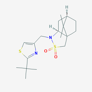 molecular formula C18H28N2O2S2 B7355984 (5S,7R)-4-[(2-tert-butyl-1,3-thiazol-4-yl)methyl]-10,10-dimethyl-3lambda6-thia-4-azatricyclo[5.2.1.01,5]decane 3,3-dioxide 