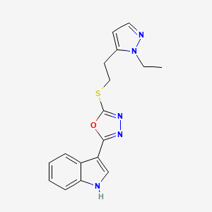 molecular formula C17H17N5OS B7356391 2-[2-(2-ethylpyrazol-3-yl)ethylsulfanyl]-5-(1H-indol-3-yl)-1,3,4-oxadiazole 