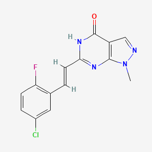 molecular formula C14H10ClFN4O B7356587 6-[(E)-2-(5-chloro-2-fluorophenyl)ethenyl]-1-methyl-5H-pyrazolo[3,4-d]pyrimidin-4-one 