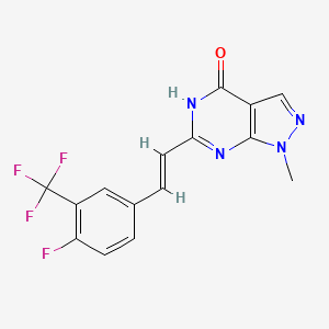 molecular formula C15H10F4N4O B7356591 6-[(E)-2-[4-fluoro-3-(trifluoromethyl)phenyl]ethenyl]-1-methyl-5H-pyrazolo[3,4-d]pyrimidin-4-one 