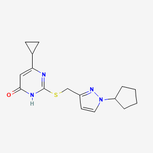 molecular formula C16H20N4OS B7357087 2-[(1-cyclopentylpyrazol-3-yl)methylsulfanyl]-4-cyclopropyl-1H-pyrimidin-6-one 