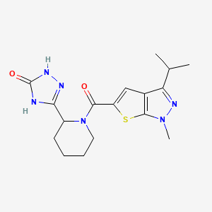 molecular formula C17H22N6O2S B7357112 3-[1-(1-Methyl-3-propan-2-ylthieno[2,3-c]pyrazole-5-carbonyl)piperidin-2-yl]-1,4-dihydro-1,2,4-triazol-5-one 