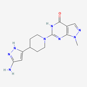 molecular formula C14H18N8O B7357336 6-[4-(3-amino-1H-pyrazol-5-yl)piperidin-1-yl]-1-methyl-5H-pyrazolo[3,4-d]pyrimidin-4-one 