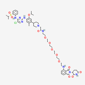 molecular formula C55H72ClN9O13S B7358228 2-[4-[4-[[5-chloro-4-(2-propan-2-ylsulfonylanilino)pyrimidin-2-yl]amino]-2-methyl-5-propan-2-yloxyphenyl]piperidin-1-yl]-N-[2-[2-[2-[2-[2-[2-[[2-(2,6-dioxopiperidin-3-yl)-1,3-dioxoisoindol-4-yl]amino]ethoxy]ethoxy]ethoxy]ethoxy]ethoxy]ethyl]acetamide 