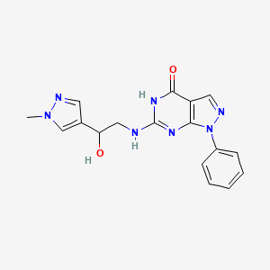 molecular formula C17H17N7O2 B7358284 6-[[2-hydroxy-2-(1-methylpyrazol-4-yl)ethyl]amino]-1-phenyl-5H-pyrazolo[3,4-d]pyrimidin-4-one 