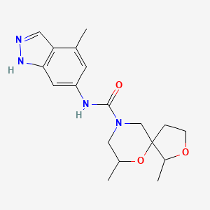 molecular formula C18H24N4O3 B7358364 1,7-dimethyl-N-(4-methyl-1H-indazol-6-yl)-2,6-dioxa-9-azaspiro[4.5]decane-9-carboxamide 