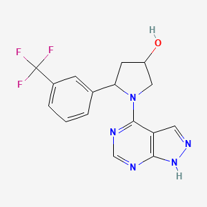 molecular formula C16H14F3N5O B7358523 1-(1H-pyrazolo[3,4-d]pyrimidin-4-yl)-5-[3-(trifluoromethyl)phenyl]pyrrolidin-3-ol 