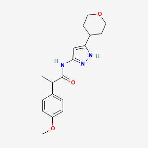 molecular formula C18H23N3O3 B7359621 2-(4-methoxyphenyl)-N-[5-(oxan-4-yl)-1H-pyrazol-3-yl]propanamide 