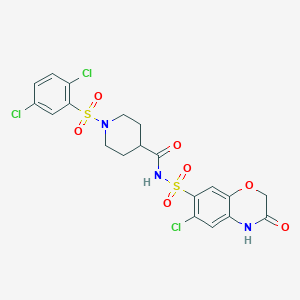 molecular formula C20H18Cl3N3O7S2 B7359825 N-[(6-chloro-3-oxo-4H-1,4-benzoxazin-7-yl)sulfonyl]-1-(2,5-dichlorophenyl)sulfonylpiperidine-4-carboxamide 