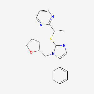 molecular formula C20H22N4OS B7360136 2-[1-[1-(Oxolan-2-ylmethyl)-5-phenylimidazol-2-yl]sulfanylethyl]pyrimidine 