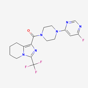 molecular formula C17H18F4N6O B7360277 [4-(6-Fluoropyrimidin-4-yl)piperazin-1-yl]-[3-(trifluoromethyl)-5,6,7,8-tetrahydroimidazo[1,5-a]pyridin-1-yl]methanone 