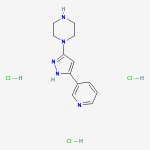 molecular formula C12H18Cl3N5 B7360422 1-[3-(pyridin-3-yl)-1H-pyrazol-5-yl]piperazine trihydrochloride 