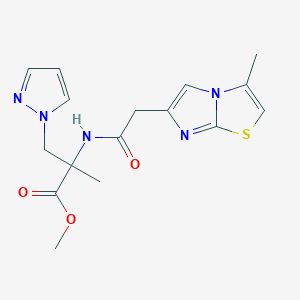 molecular formula C16H19N5O3S B7391050 Methyl 2-methyl-2-[[2-(3-methylimidazo[2,1-b][1,3]thiazol-6-yl)acetyl]amino]-3-pyrazol-1-ylpropanoate 