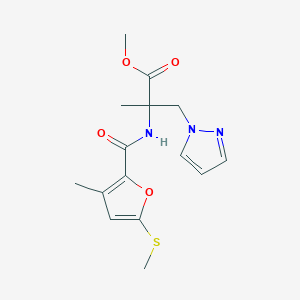 molecular formula C15H19N3O4S B7391056 Methyl 2-methyl-2-[(3-methyl-5-methylsulfanylfuran-2-carbonyl)amino]-3-pyrazol-1-ylpropanoate 