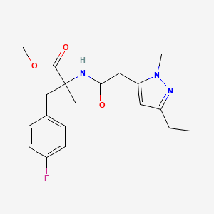 molecular formula C19H24FN3O3 B7392464 Methyl 2-[[2-(5-ethyl-2-methylpyrazol-3-yl)acetyl]amino]-3-(4-fluorophenyl)-2-methylpropanoate 