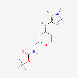 molecular formula C16H28N4O3 B7405695 tert-butyl N-[[4-[(1,5-dimethylpyrazol-4-yl)amino]oxan-2-yl]methyl]carbamate 