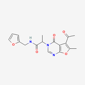 molecular formula C17H17N3O5 B7405724 2-(5-acetyl-6-methyl-4-oxofuro[2,3-d]pyrimidin-3-yl)-N-(furan-2-ylmethyl)propanamide 