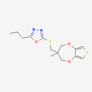 molecular formula C14H18N2O3S2 B7405772 2-[(3-Methyl-2,4-dihydrothieno[3,4-b][1,4]dioxepin-3-yl)methylsulfanyl]-5-propyl-1,3,4-oxadiazole 