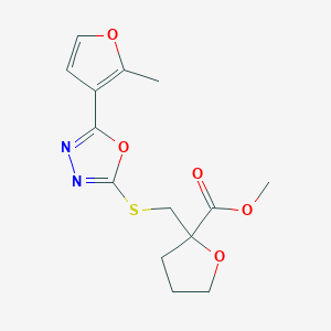 molecular formula C14H16N2O5S B7405820 Methyl 2-[[5-(2-methylfuran-3-yl)-1,3,4-oxadiazol-2-yl]sulfanylmethyl]oxolane-2-carboxylate 