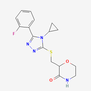 molecular formula C16H17FN4O2S B7405854 2-[[4-Cyclopropyl-5-(2-fluorophenyl)-1,2,4-triazol-3-yl]sulfanylmethyl]morpholin-3-one 