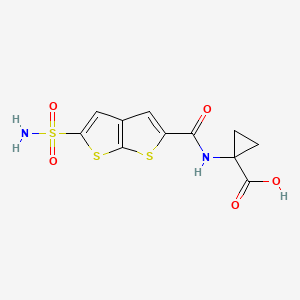 molecular formula C11H10N2O5S3 B7407240 1-[(5-Sulfamoylthieno[2,3-b]thiophene-2-carbonyl)amino]cyclopropane-1-carboxylic acid 